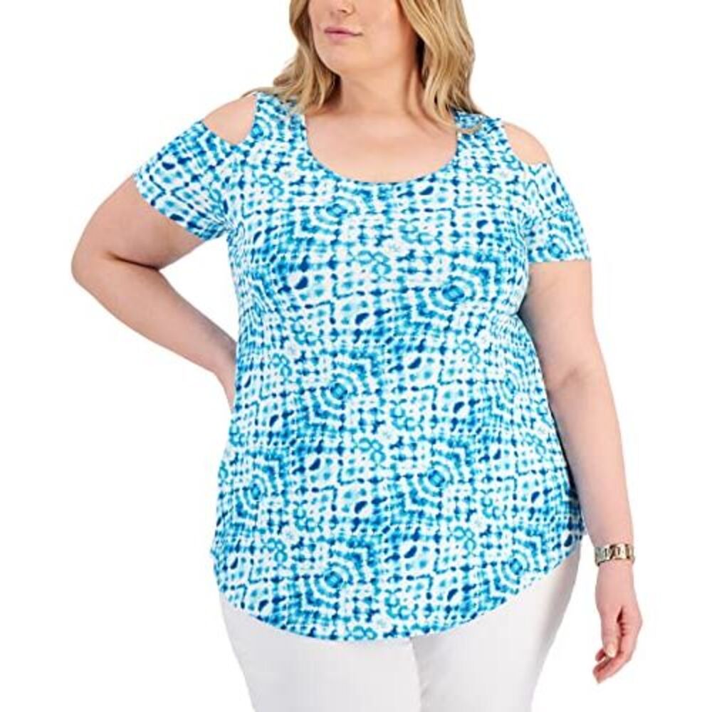 JM Collection Plus Size Printed Cold-Shoulder Top - Picture 2 of 4
